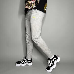 Vintage Y2K Puma Sweatpants Youth L Light Grey Cotton Joggers Neon Logo